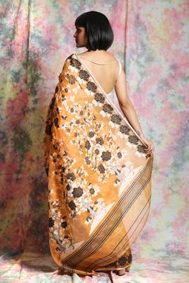 Light yellow woven blended cotton saree  4