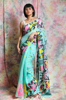 Sky Blue Woven Blended Cotton Saree Without Blouse