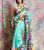 Sky Blue Woven Blended Cotton Saree Without Blouse