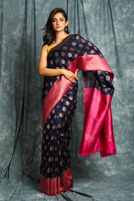 Navy blue woven silk blend saree with blouse 1