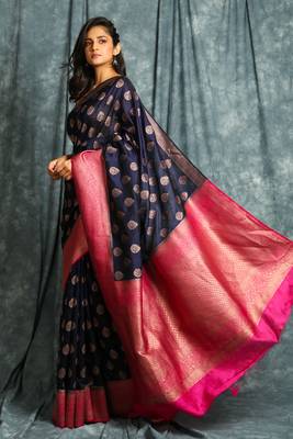 Navy blue woven silk blend saree with blouse 2