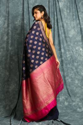 Navy blue woven silk blend saree with blouse 3