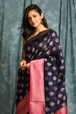 Navy blue woven silk blend saree with blouse 4