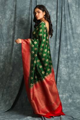 Green woven silk blend saree with blouse 3
