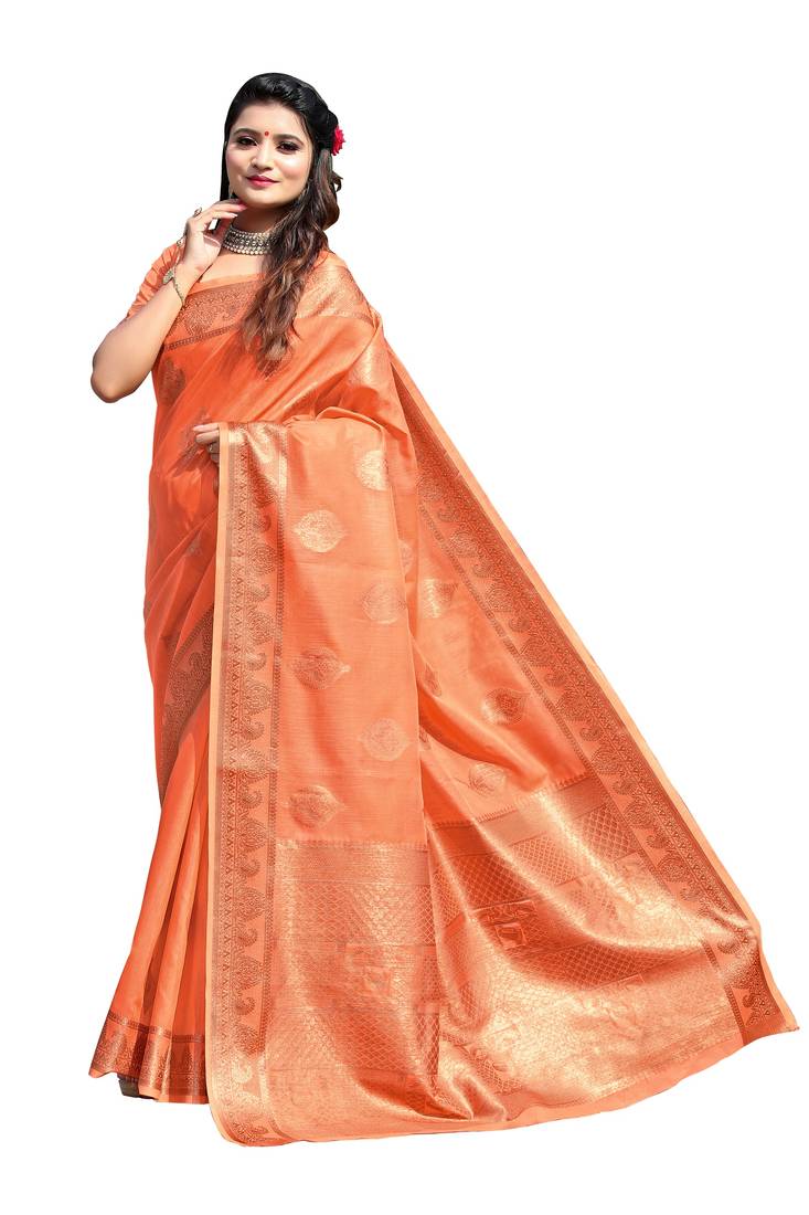 Orange colour cotton silk saree with running blouse