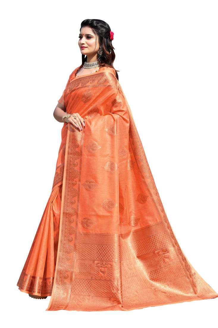 Orange colour cotton silk saree with running blouse