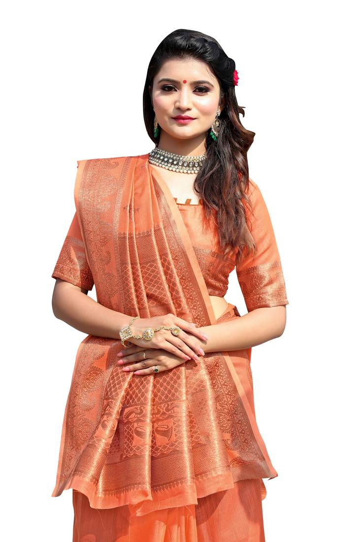 Orange colour cotton silk saree with running blouse