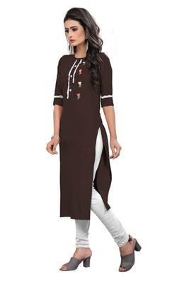 Coffee embroidered rayon long-kurtis 3