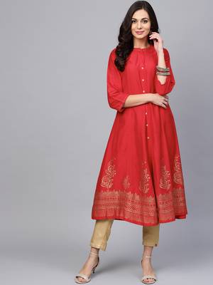 Pinksky Red woven art silk ethnic-kurtis 1