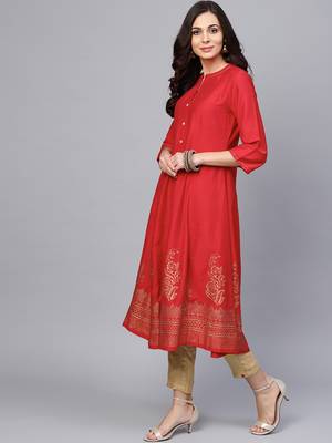 Pinksky Red woven art silk ethnic-kurtis 3