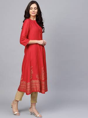 Pinksky Red woven art silk ethnic-kurtis 4