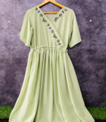 Green embroidered georgette long-tops