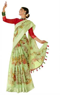 Green printed cotton saree with blouse 1