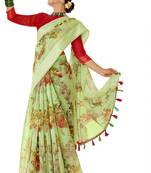 Green printed cotton saree with blouse