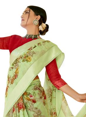 Green printed cotton saree with blouse 2