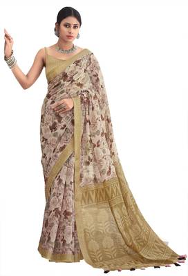 Cream printed cotton saree with blouse 1