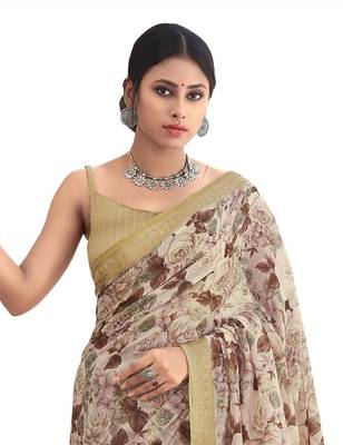 Cream printed cotton saree with blouse 2
