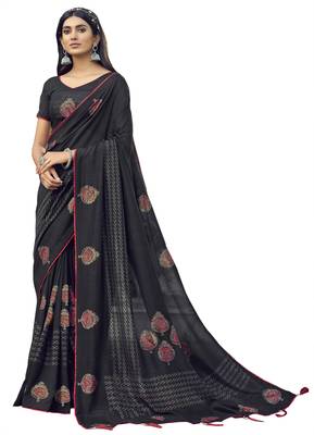 Black printed chanderi silk saree with blouse 1