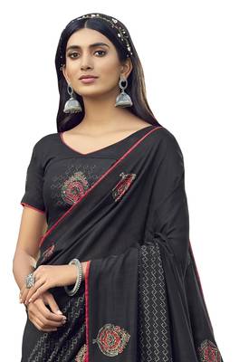 Black printed chanderi silk saree with blouse 2