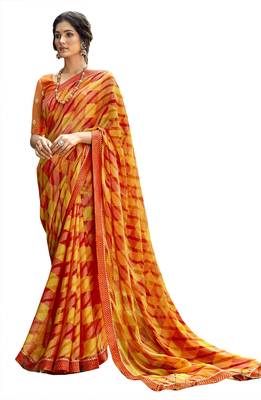 Orange printed brasso saree with blouse 1