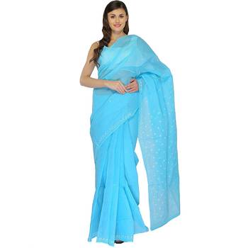 Lavangi Sky Blue Lucknow Chikankari Hand Embroidered Keel Work Cotton Saree with Blouse 1