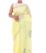 Lavangi Lemon Yellow Lucknow Chikankari Green Thread Hand Embroidered Keel Work Cotton Saree with Blouse