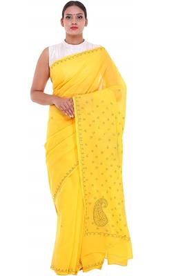 Lavangi Yellow Lucknow Chikankari Green Thread Hand Embroidered Keel Work Cotton Saree with Blouse 1