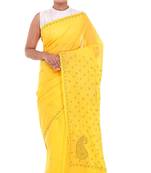 Lavangi Yellow Lucknow Chikankari Green Thread Hand Embroidered Keel Work Cotton Saree with Blouse