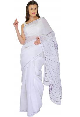 Lavangi White Lucknow Chikankari Vilot Thread Hand Embroidered Keel Work Cotton Saree with Blouse 1