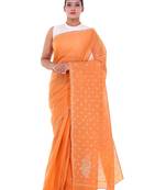 Lavangi Mustard Lucknow Chikankari Hand Embroidered Keel Work Cotton Saree with Blouse