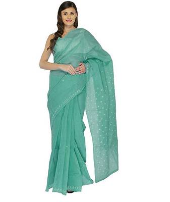 Lavangi Teal Green Lucknow Chikankari Hand Embroidered Keel Work Cotton Saree with Blouse 1