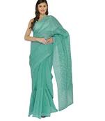 Lavangi Teal Green Lucknow Chikankari Hand Embroidered Keel Work Cotton Saree with Blouse
