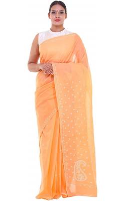 Lavangi Peach Lucknow Chikankari Hand Embroidered Keel Work Cotton Saree with Blouse 1