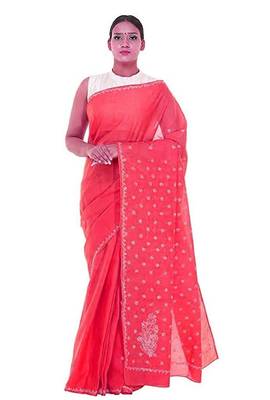 Lavangi Dark Gajiri Lucknow Chikankari Hand Embroidered Keel Work Cotton Saree with Blouse 1