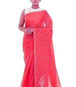 Lavangi Dark Gajiri Lucknow Chikankari Hand Embroidered Keel Work Cotton Saree with Blouse