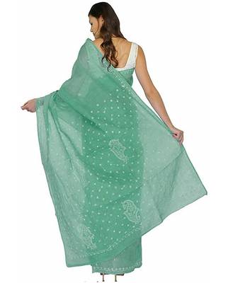 Lavangi Teal Green Lucknow Chikankari Hand Embroidered Keel Work Cotton Saree with Blouse 2