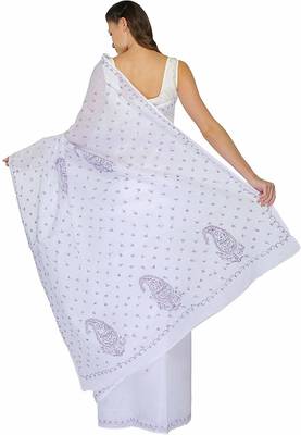 Lavangi White Lucknow Chikankari Vilot Thread Hand Embroidered Keel Work Cotton Saree with Blouse 3