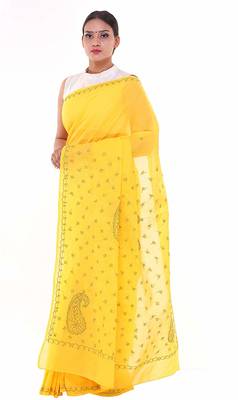 Lavangi Yellow Lucknow Chikankari Green Thread Hand Embroidered Keel Work Cotton Saree with Blouse 2