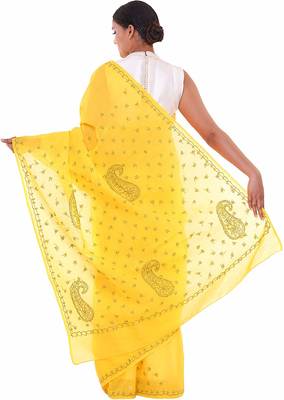 Lavangi Yellow Lucknow Chikankari Green Thread Hand Embroidered Keel Work Cotton Saree with Blouse 3