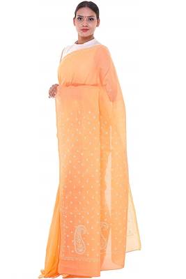 Lavangi Peach Lucknow Chikankari Hand Embroidered Keel Work Cotton Saree with Blouse 2