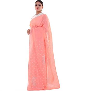 Lavangi Light Gajiri Lucknow Chikankari Hand Embroidered Keel Work Cotton Saree with Blouse 2