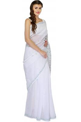 Lavangi White Lucknow Chikankari embroidered cotton saree with blouse 2