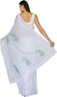 Lavangi White Lucknow Chikankari embroidered cotton saree with blouse 3