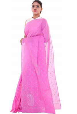 Lavangi Onion Pink Lucknow Chikankari Hand Embroidered Keel Work Cotton Saree with Blouse 2