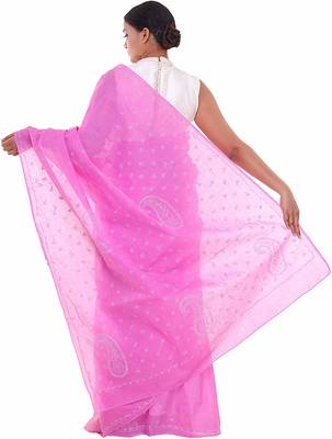 Lavangi Onion Pink Lucknow Chikankari Hand Embroidered Keel Work Cotton Saree with Blouse 3