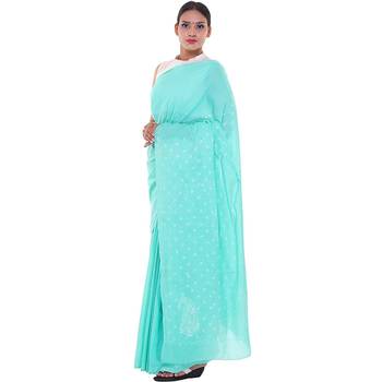 Lavangi Sea Green Lucknow Chikankari Hand Embroidered Keel Work Cotton Saree with Blouse 2