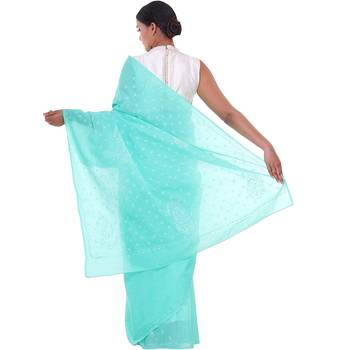 Lavangi Sea Green Lucknow Chikankari Hand Embroidered Keel Work Cotton Saree with Blouse 3