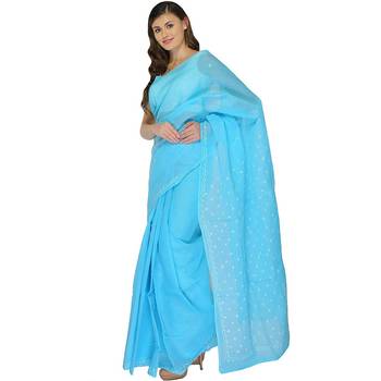 Lavangi Sky Blue Lucknow Chikankari Hand Embroidered Keel Work Cotton Saree with Blouse 2
