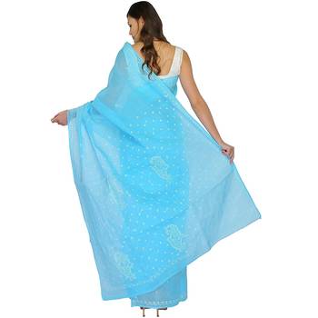 Lavangi Sky Blue Lucknow Chikankari Hand Embroidered Keel Work Cotton Saree with Blouse 3