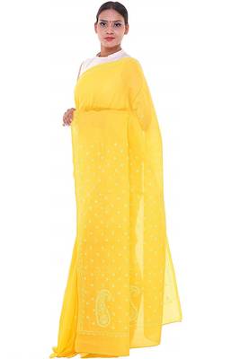 Lavangi Yellow Lucknow Chikankari Hand Embroidered Keel Work Cotton Saree with Blouse 2